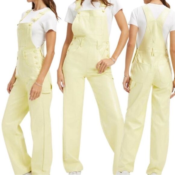 Good American Faux Leather Straight Leg Overalls Key lime color - Picture 3 of 6